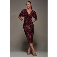 Jolie Moi Women's Print Mesh Angel Sleeve Bodycon Midi Dress in Black | Size: 10