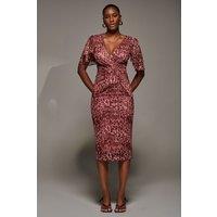 Jolie Moi Women's Print Mesh Angel Sleeve Bodycon Midi Dress in Pink | Size: 10