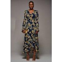 Jolie Moi Women's Long Sleeve Ruffle Hem Mesh Maxi Dress in Navy | Size: 10