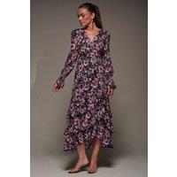 Jolie Moi Women's Long Sleeve Ruffle Hem Mesh Maxi Dress in Black | Size: 14