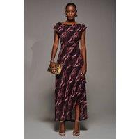 Jolie Moi Women's Asymmetric Draped Mesh Maxi Dress in Burgundy | Size: 14