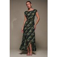 Jolie Moi Women's Asymmetric Draped Mesh Maxi Dress in Khaki | Size: 16