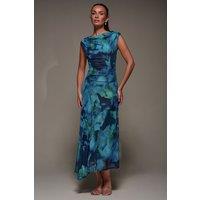 Jolie Moi Women's Slash Neck Ruched Mesh Maxi Dress in Blue | Size: 10
