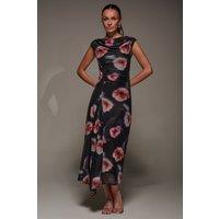 Jolie Moi Women's Slash Neck Ruched Mesh Maxi Dress in Black | Size: 16