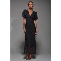 Jolie Moi Women's V-Neck Frill Sleeve Chiffon Midaxi Dress in Jet Black | Size: 12