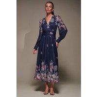 Jolie Moi Women's Long Sleeve Printed Mesh Midaxi Dress in Navy | Size: 14