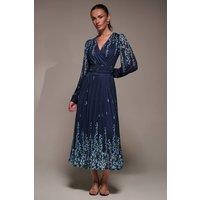 Jolie Moi Women's Long Sleeve Printed Mesh Midaxi Dress in Blue | Size: 14