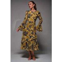 Jolie Moi Women's Long Sleeve Frill Chiffon Midaxi Dress in Mustard | Size: 10