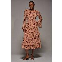 Jolie Moi Women's Long Sleeve Frill Chiffon Midaxi Dress in Coral | Size: 8