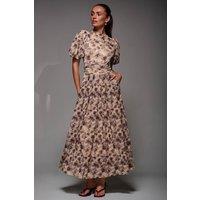 Jolie Moi Women's Puffy Sleeve Printed Mesh Maxi Dress in Brown | Size: 16