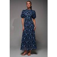 Jolie Moi Women's Puffy Sleeve Printed Mesh Maxi Dress in Navy | Size: 16