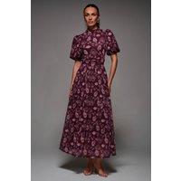 Jolie Moi Women's Puffy Sleeve Printed Mesh Maxi Dress in Burgundy | Size: 12