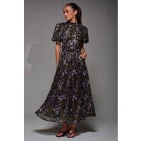 Jolie Moi Women's Puffy Sleeve Printed Mesh Maxi Dress in Dark Green | Size: 14