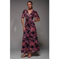 Jolie Moi Women's Angel Sleeve Draped Mesh Maxi Dress in Pink | Size: 12