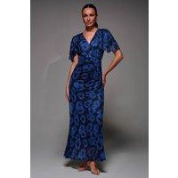 Jolie Moi Women's Angel Sleeve Draped Mesh Maxi Dress in Dark Blue | Size: 18