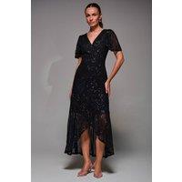 Jolie Moi Women's Sequin Angel Sleeve Ruffle Hem Maxi Dress in Black | Size: 12
