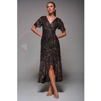 Jolie Moi Women's Sequin Angel Sleeve Ruffle Hem Maxi Dress in Metallic Gold | Size: 12