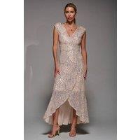 Jolie Moi Women's Sequin Asymmetric Ruffle Hem Maxi Dress in Beige | Size: 12