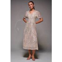 Jolie Moi Women's Sequin Angel Sleeve Fit & Flare Midaxi Dress in Beige | Size: 8