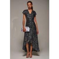 Jolie Moi Women's Frill Short Sleeve Sequin Maxi Dress in Silver | Size: 18