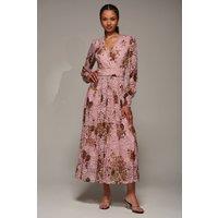 Jolie Moi Women's Long Sleeve Printed Lace Midaxi Dress in Pink | Size: 18