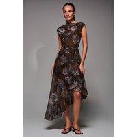 Jolie Moi Women's Asymmetrical Draped Mesh Midaxi Dress in Brown | Size: 12