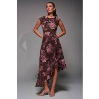Jolie Moi Women's Asymmetrical Draped Mesh Midaxi Dress in Burgundy | Size: 12