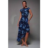 Jolie Moi Women's Asymmetrical Draped Mesh Midaxi Dress in Navy | Size: 18