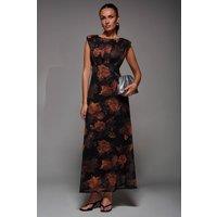 Jolie Moi Women's Slash Neck Fit & Flare Mesh Maxi Dress in Black | Size: 12