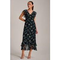 Jolie Moi Women's Ruffle V Neckline Chiffon Midaxi Dress in Navy | Size: 16