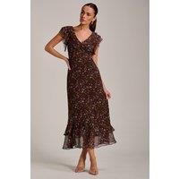 Jolie Moi Women's Ruffle V Neckline Chiffon Midaxi Dress in Brown | Size: 8