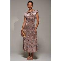 Jolie Moi Women's Cowl Neckline Draped Velvet Midaxi Dress in Natural | Size: 8