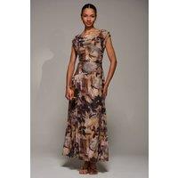 Jolie Moi Women's Asymmetric Draped Mesh Maxi Dress in Brown | Size: 12