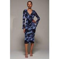 Jolie Moi Women's Ruffle V-Neckline Mesh Bodycon Midaxi Dress in Blue | Size: 12