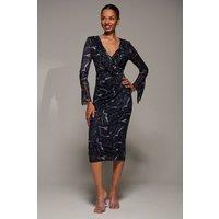 Jolie Moi Women's Ruffle V-Neckline Mesh Bodycon Midaxi Dress in Black | Size: 8