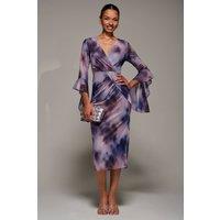 Jolie Moi Women's Ruffle Sleeve Ruched Mesh Bodycon Dress in Purple | Size: 18