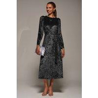 Jolie Moi Women's Long Sleeve Velvet Tie Detail Midi Dress in Black | Size: 12