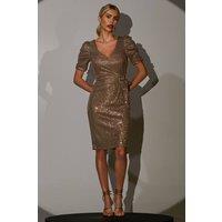 Jolie Moi Women's Sequin Ruched Dress in Bronze | Size: 18