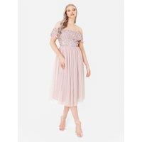 Maya Deluxe Women's Bardot Embellished Midi Dress in Light Pink | Size: 24