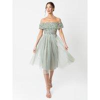 Maya Deluxe Women's Bardot Embellished Midi Dress in Mint | Size: 24