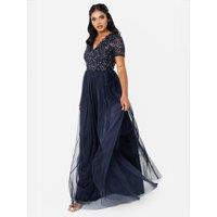 Maya Deluxe Women's Short Sleeve V Neck Embellished Maxi Dress in Dark Navy | Size: 10