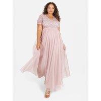 Maya Deluxe Women's Short Sleeve V Neck Embellished Maxi Dress in Light Pink | Size: 12