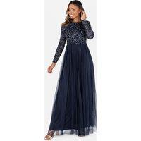 Maya Deluxe Women's Embellished Long Sleeve Maxi Dress in Dark Navy | Size: 28