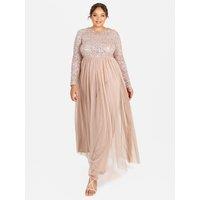 Maya Deluxe Women's Embellished Long Sleeve Maxi Dress in Taupe | Size: 14