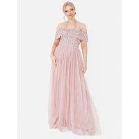 Maya Deluxe Women's Bardot Embellished Maxi Dress in Light Pink | Size: 26