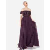 Maya Deluxe Women's Bardot Embellished Maxi Dress in Grape | Size: 6