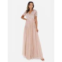 Maya Deluxe Women's Belted Stripe Embellished Maxi Dress in Taupe | Size: 24