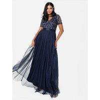 Maya Deluxe Women's Belted Stripe Embellished Maxi Dress in Dark Navy | Size: 6