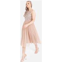 Maya Deluxe Women's Embellished Halter Neck Midi Dress in Taupe | Size: 16