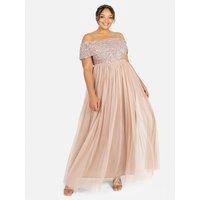 Maya Deluxe Women's Bardot Embellished Maxi Dress in Taupe | Size: 10